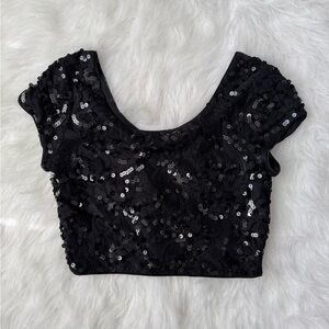 Express Black Sequin Cap Sleeve Sparkly Crop Top